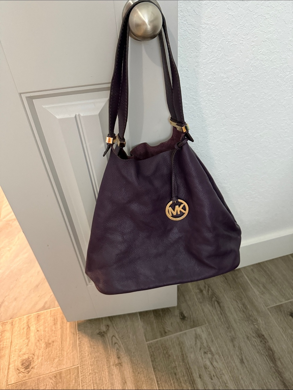 Michael Kors Deep Plum Pebbled Leather Shoulder Bag with Gold MK Charm